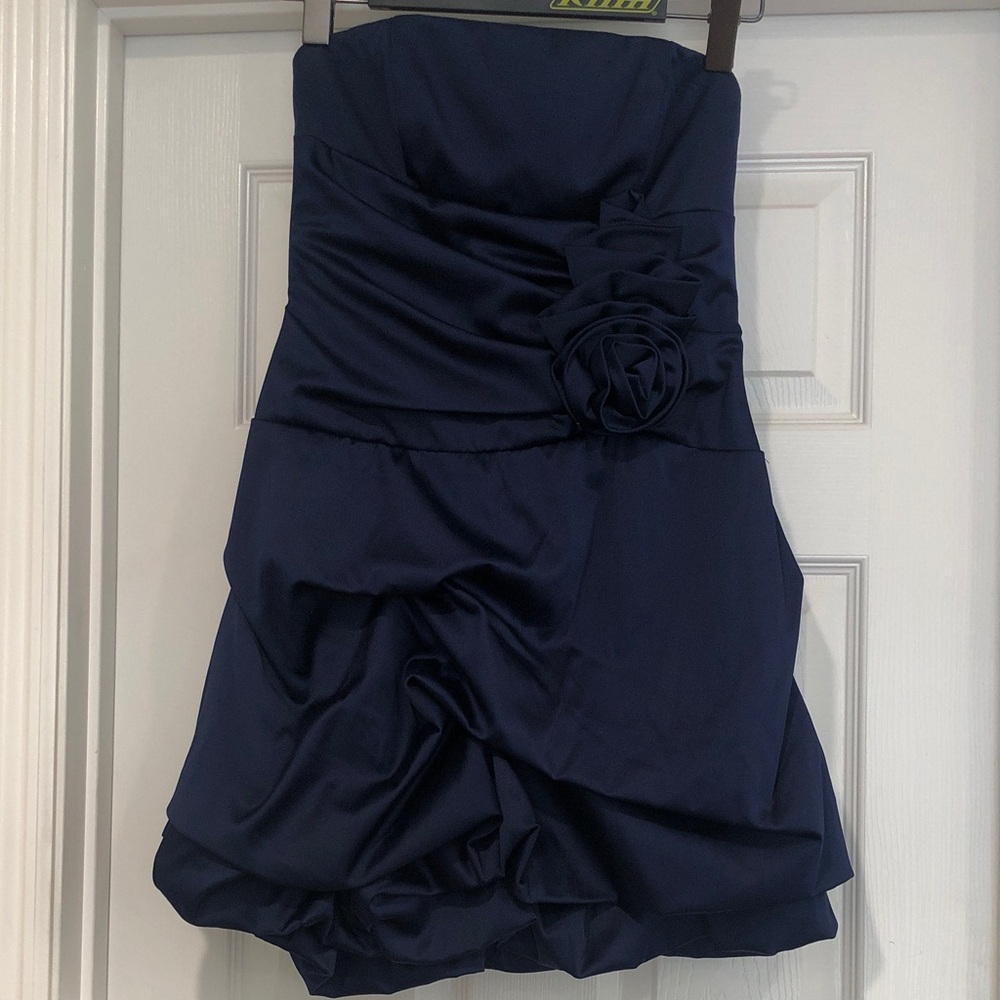 Teeze Me Strapless Navy Blue Cocktail Dress with Rosette Detail